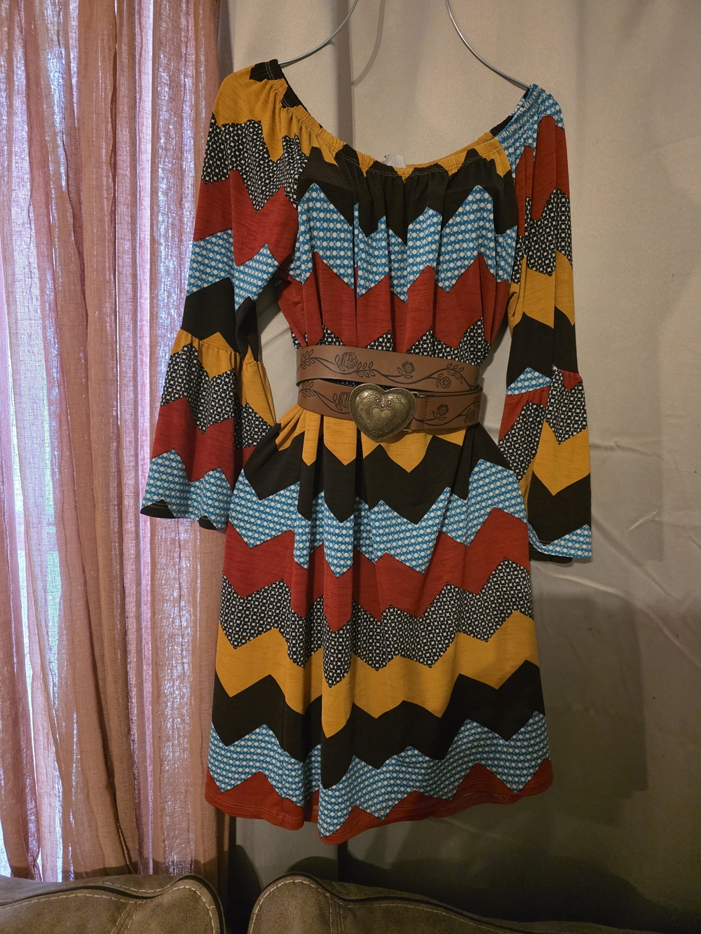 Off-Shoulder Chevron Mini Dress in Mustard, Red & Teal